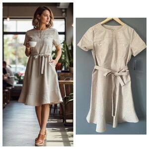 Sharagano Safari Utility Dress NWT Beige Lurex Sheen Old Money Office 12